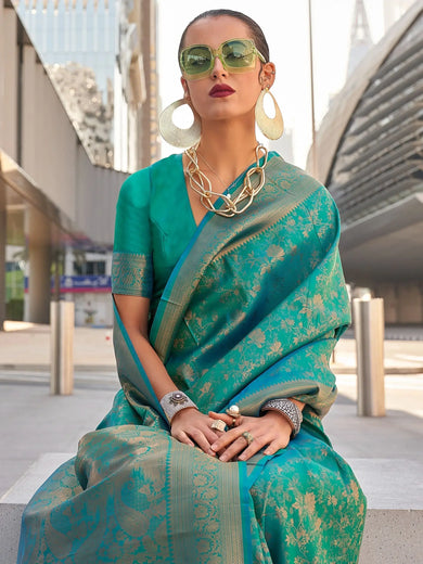 Awesome Teal Green Zari Weaving Silk Event Wear Saree With Blouse